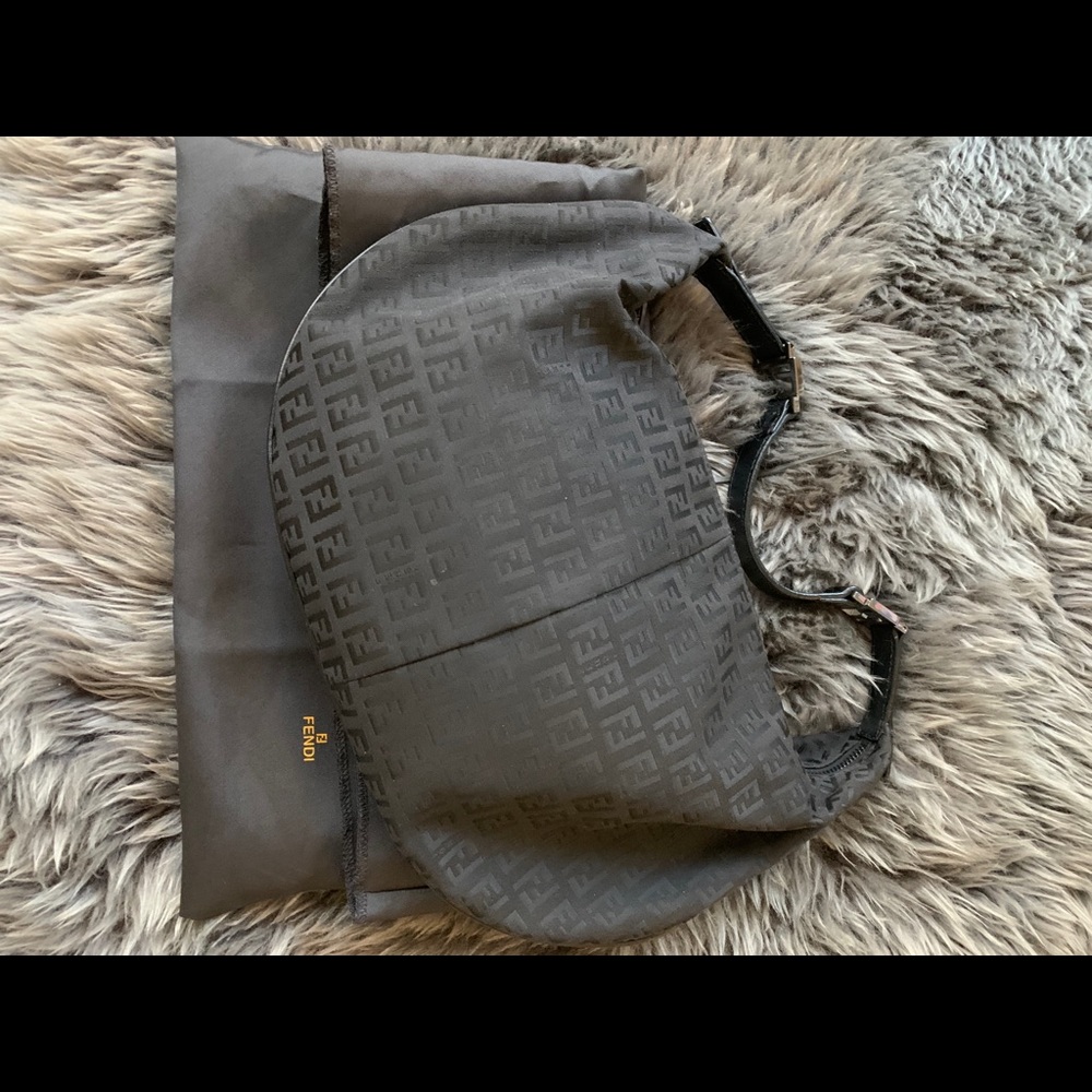 Authentic Fendi Leather-Trimmed Zucchino Hobo